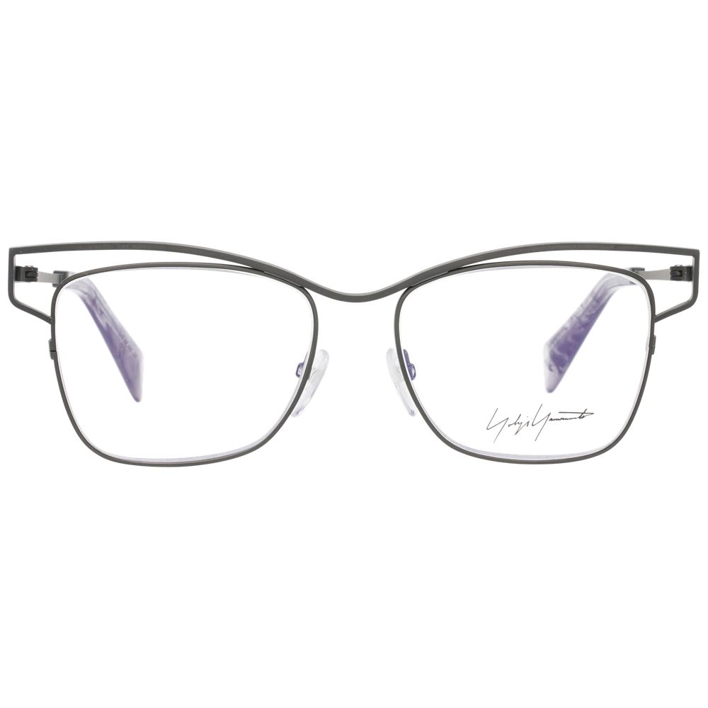 Yohji Yamamoto Gray Women Glasses Frame with gunmetal titanium square full-rim style and demo plastic lenses.