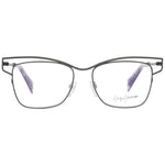 Yohji Yamamoto Gray Women Glasses Frame with gunmetal titanium square full-rim style and demo plastic lenses.