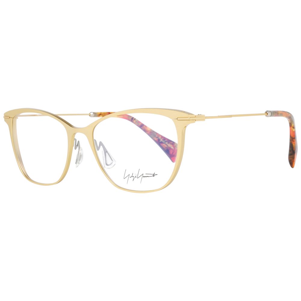 Yohji Yamamoto Gold Women Glasses Frame in metal, butterfly full-rim style; gold color, demo lenses; size 53-17-140; includes branded soft case.