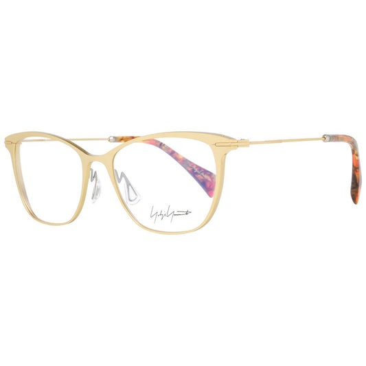 Yohji Yamamoto Gold Women Glasses Frame in metal, butterfly full-rim style; gold color, demo lenses; size 53-17-140; includes branded soft case.