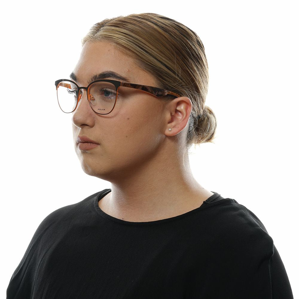 Police Brown Women Glasses Frame on woman with black shirt, side view, showcasing full-rim butterfly style in brown plastic material.
