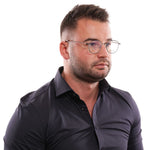 Model wearing Hackett Blue Men Glasses Frame with metal and plastic full-rim design, featuring blue-filter demo lenses and 48-22-145 size.