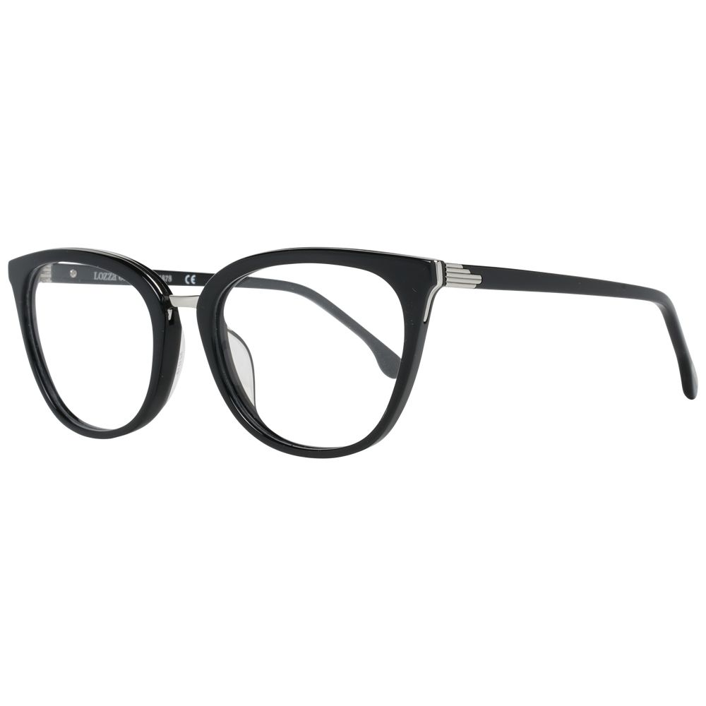 Lozza Black Unisex Glasses Frame in full-rim black plastic design with 52mm lenses, 18mm bridge, and 135mm temples, includes branded case.
