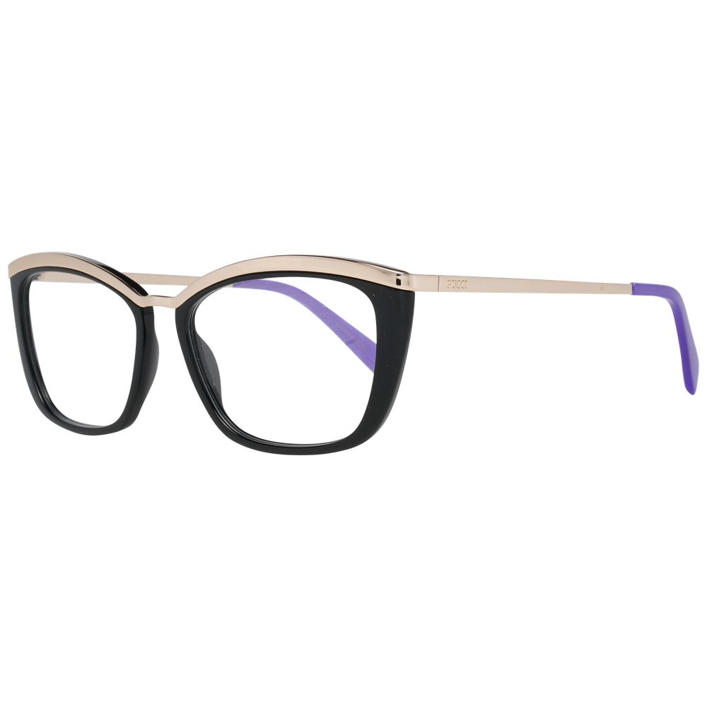 Emilio Pucci Black Women Glasses Frame in butterfly style, full-rim with metal and plastic, demo lenses, includes branded case.