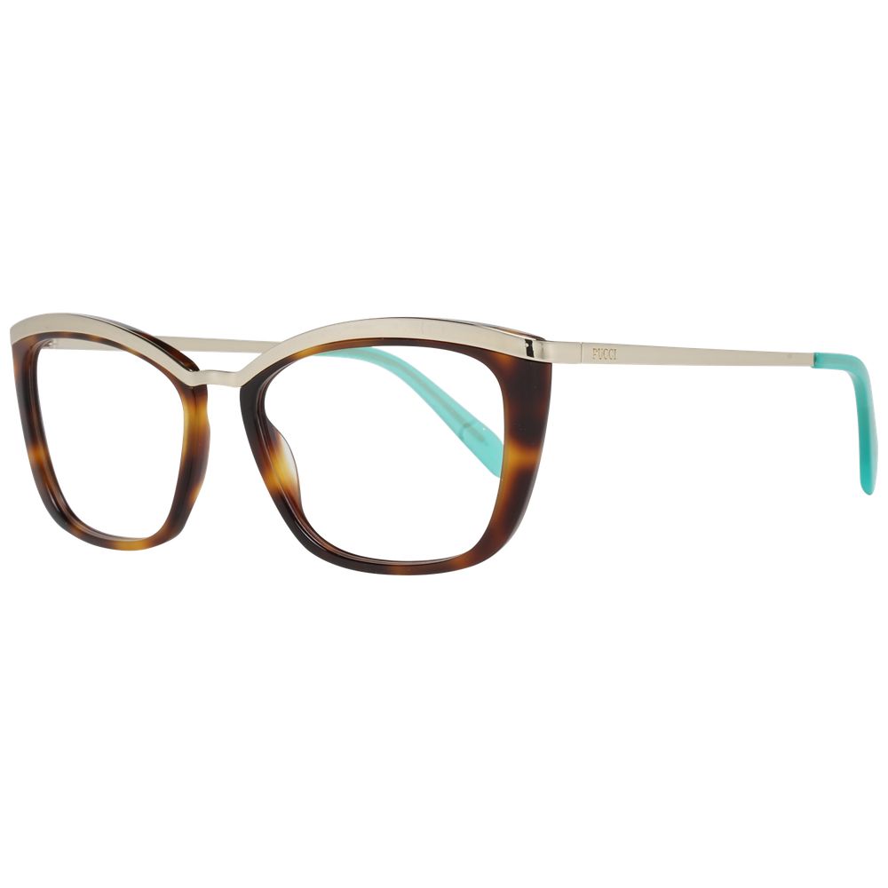 Emilio Pucci Brown Women Glasses Frame in metal and plastic with full-rim trapezium style, demo lenses, and branded case included.