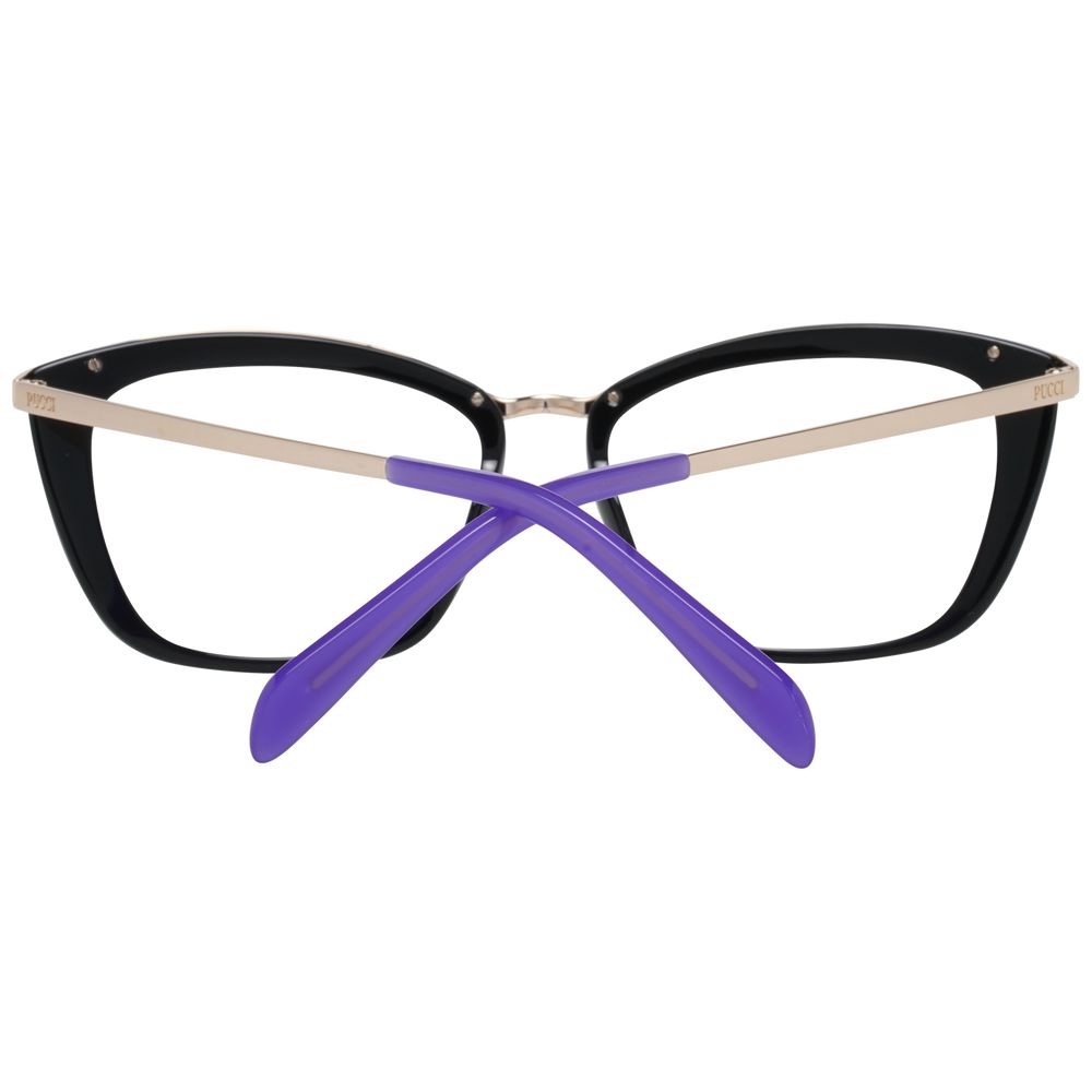 Emilio Pucci Black Women Glasses Frame, full-rim butterfly style, metal and plastic frame, demo lenses, purple temples, includes branded case.