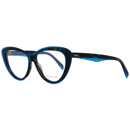"Emilio Pucci Blue Women Glasses Frame in plastic, full-rim butterfly style with demo lenses and case included, lens width 55mm."