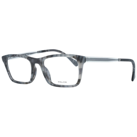 Police Gray Men Glasses Frame, full-rim plastic design, grey color, size 52-19-145, includes branded case, high-quality eyewear.