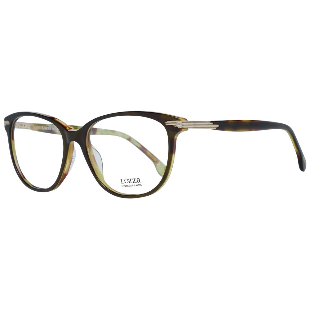 Lozza Brown Women Glasses Frame in full-rim plastic with round style and demo lenses, size 54-17-140, includes branded case.