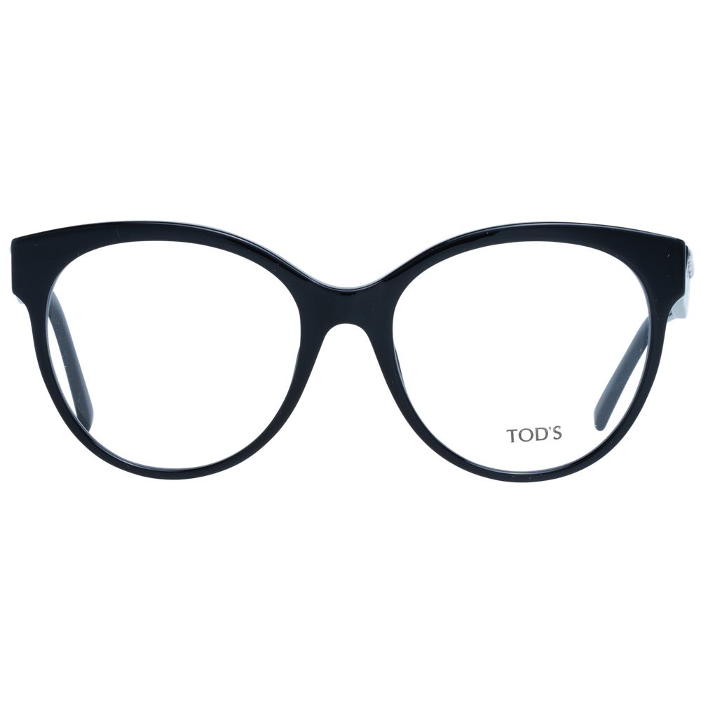 Alt Tag: Tod's Black Women Glasses Frame, black round full-rim plastic, size 55-18-140, includes branded case, stylish and elegant eyewear.