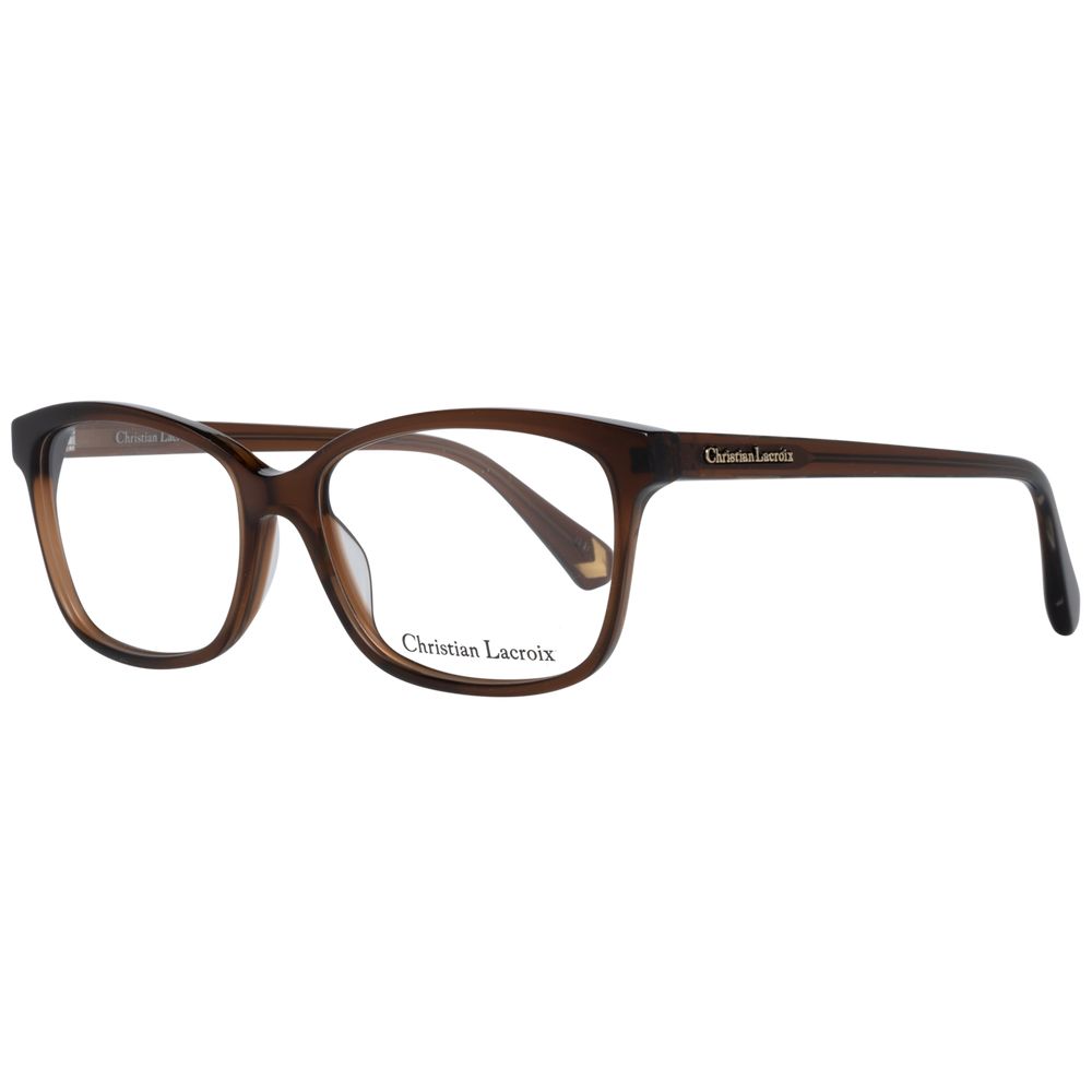 Christian Lacroix Brown Women Glasses Frame in plastic, trapezium style with full-rim and demo lenses, size 53-15-140.
