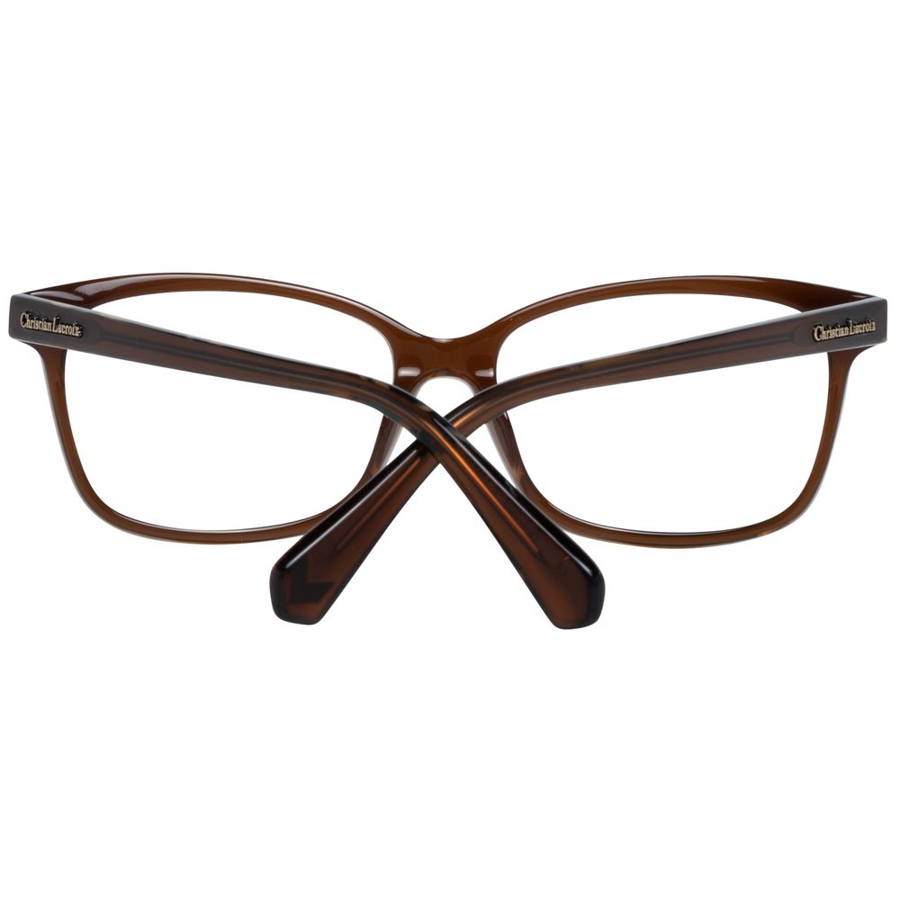 Christian Lacroix Brown Women Glasses Frame, full-rim plastic trapezium style with a 53-15-140 size, includes branded case.