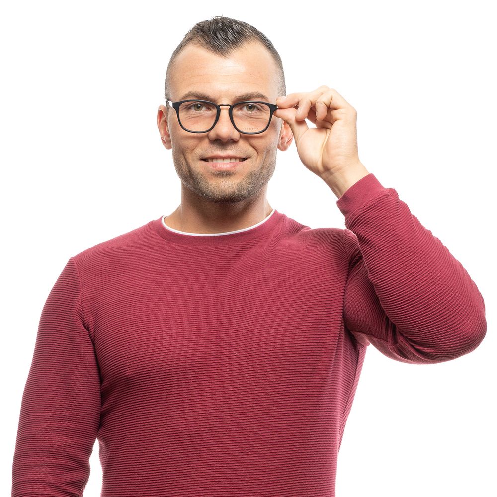 Man wearing Sandro Black Men Glasses Frame with plastic full-rim rectangle design