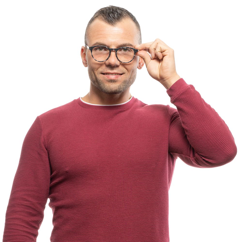 Man wearing Sandro Gray Men Glasses Frame with plastic round full-rim in grey, lens size 50-19-145, holding temple.