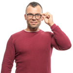 Man wearing Sandro Gray Men Glasses Frame with plastic round full-rim in grey, lens size 50-19-145, holding temple.