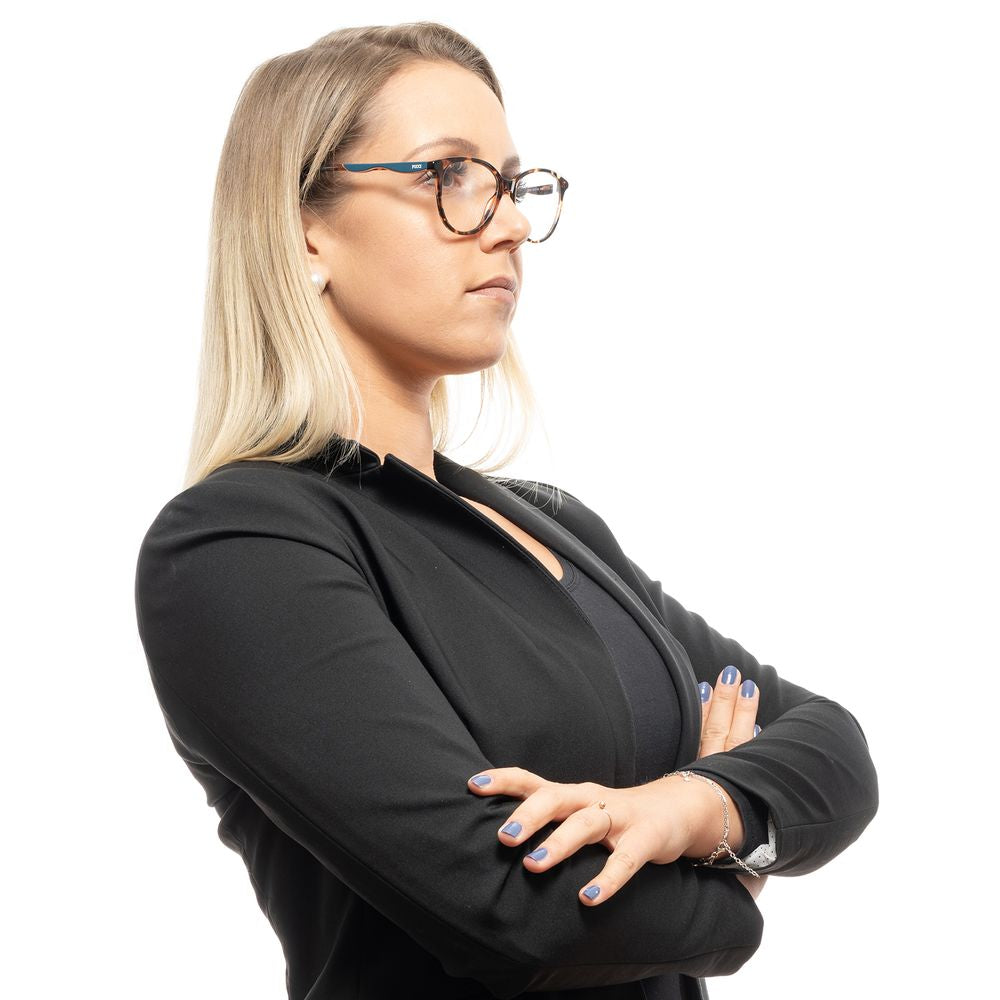 Woman wearing Emilio Pucci Brown Women Glasses Frame in profile view.