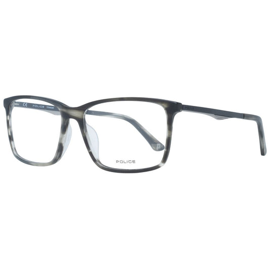 Police Gray Men Glasses Frame in full-rim rectangle style, grey plastic frame, demo lenses, size 54-15-140 with branded case.