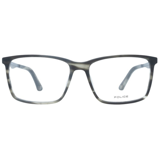Police Gray Men Glasses Frame with full-rim rectangle design, plastic material, grey color, size 54-15-140, includes branded case.
