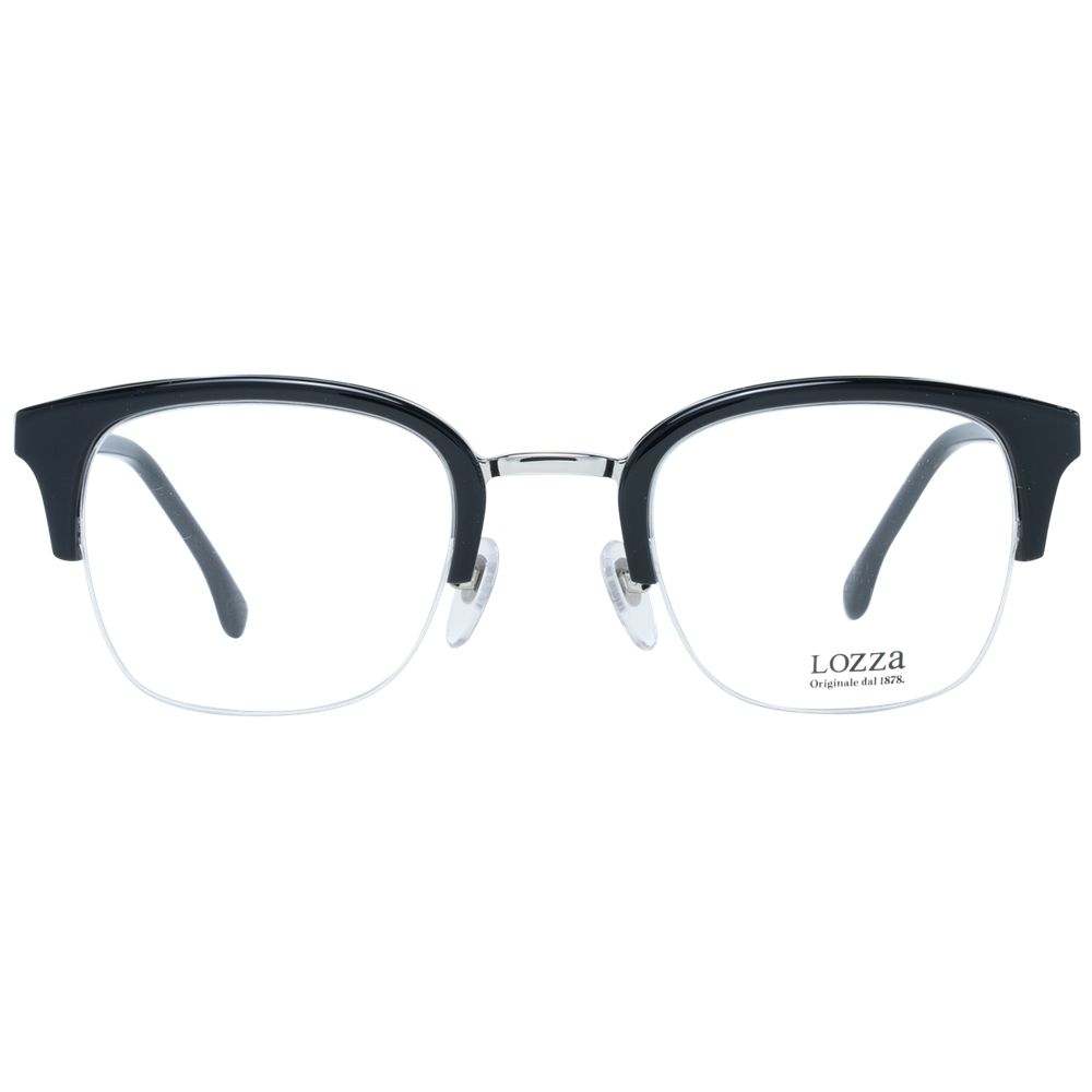 Lozza Black Unisex Glasses Frame in black half-rim trapezium style with metal and plastic materials, demo lenses included.