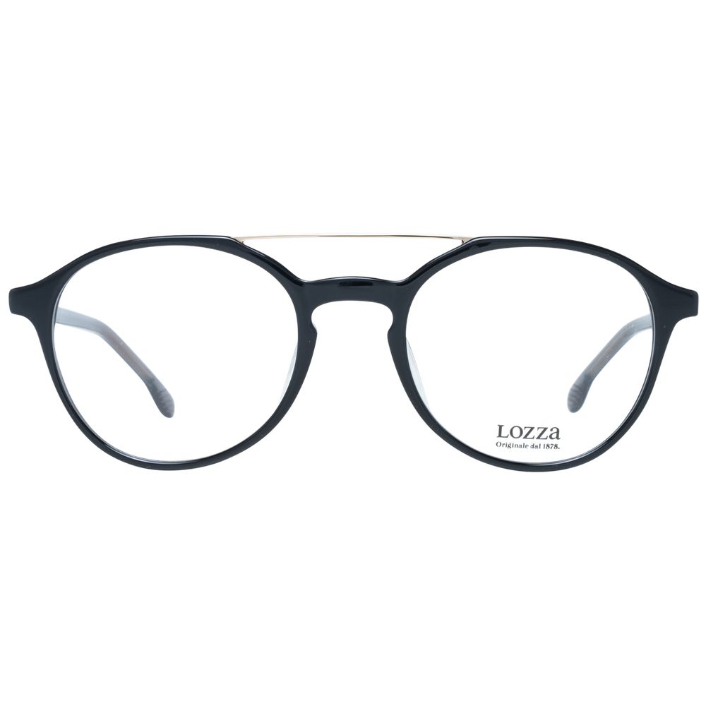 Lozza Black Unisex Glasses Frame, full-rim round style with metal and plastic mix, demo lenses, size 51-21-140.