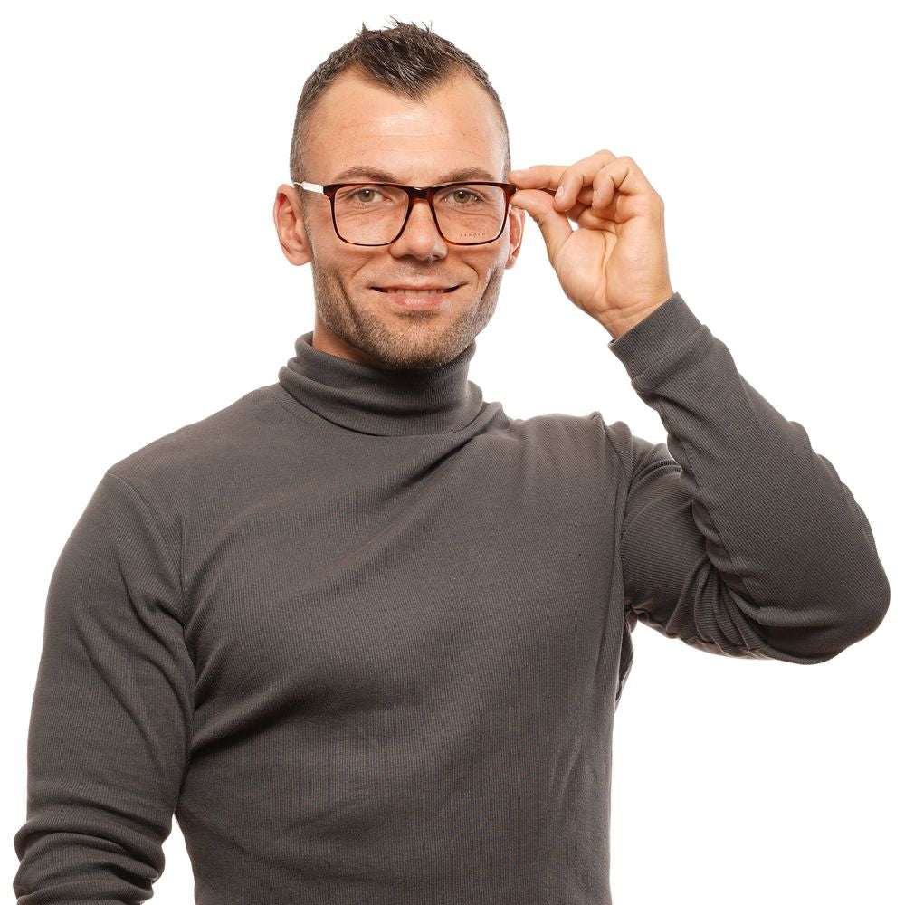 Man wearing Sandro Brown Men Glasses Frame with multicolor full-rim square style, holding temple, dressed in grey turtleneck.
