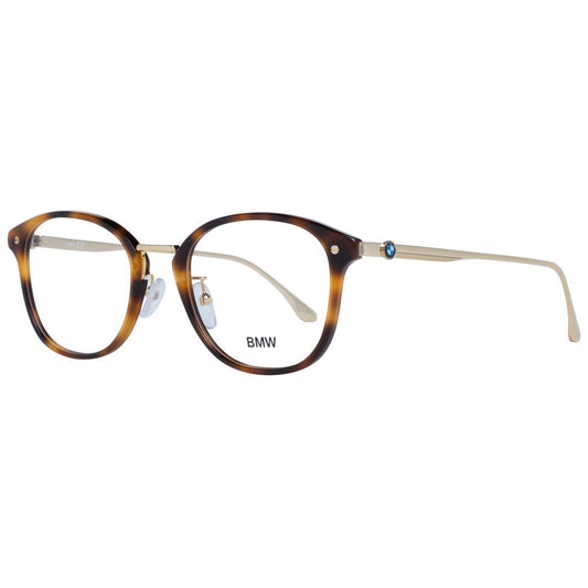 BMW Brown Men Glasses Frame full-rim plastic round design with demo lenses and branded case. Size 53-21-145, temples length 145.