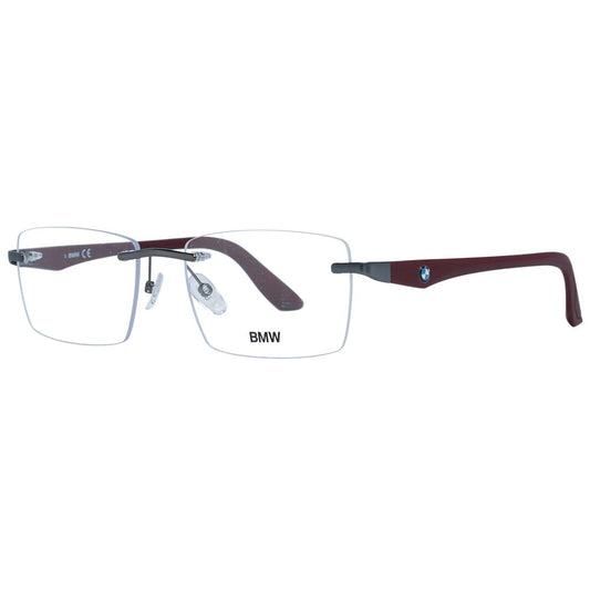 BMW Gray Men Glasses Frame in gunmetal, metal rectangle full-rim style, demo lenses, size 56-19-145, with branded case.