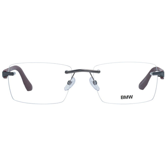 BMW Gray Men Glasses Frame, gunmetal color, full-rim rectangle style, metal frame, demo lenses, size 56-19-145, no spring hinge, with branded case.