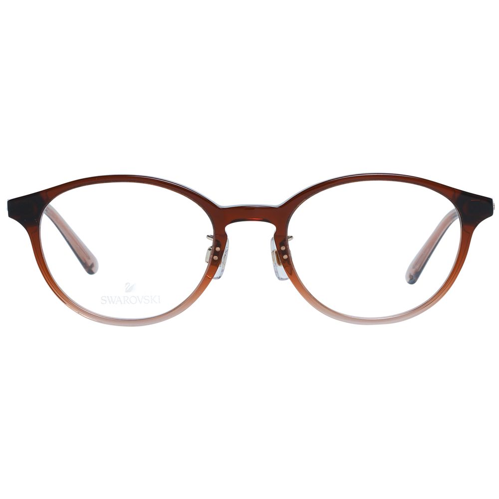 Swarovski Brown Women Glasses Frame, oval full-rim plastic eyeglass frame with demo lenses, size 49-19-145, sleek design.