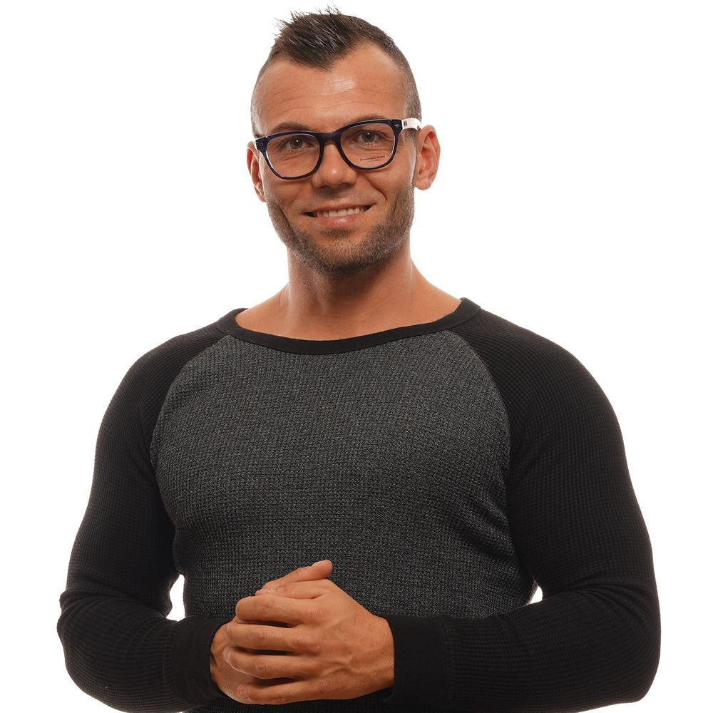 Man wearing Ermenegildo Zegna Blue Men Glasses Frame with full-rim trapezium style and plastic demo lenses.