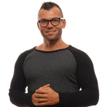 Man wearing Ermenegildo Zegna Blue Men Glasses Frame with full-rim trapezium style and plastic demo lenses.