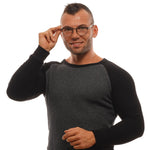 Man wearing Ermenegildo Zegna Bronze Men Glasses Frame, black sweater, adjusting glasses, white background.