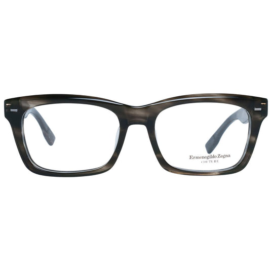 Ermenegildo Zegna Gray Men Glasses Frame in grey acetate, wood, and horn with demo plastic lenses. Full-rim rectangle style with spring hinge.