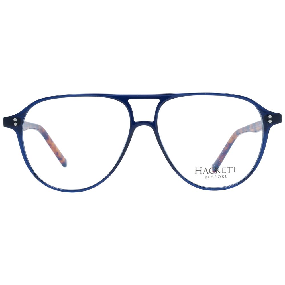 Hackett Blue Men Glasses Frame in blue acetate with demo lenses. Aviator style with 54mm width, 44mm height, 12mm bridge, and 135mm frame width.