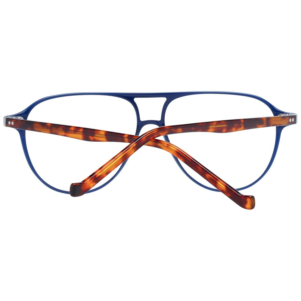 Hackett Blue Men Glasses Frame with acetate aviator style, blue frame, and tortoiseshell temples. Includes branded case.