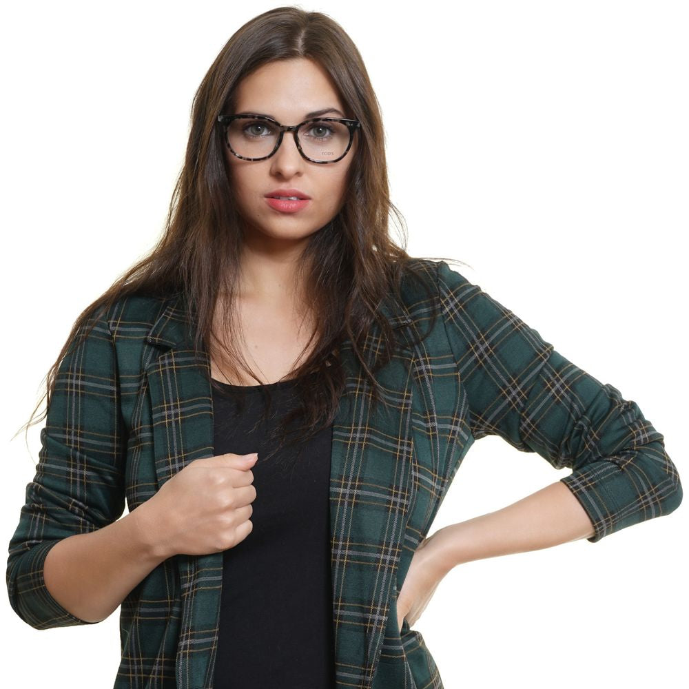 Woman wearing Tod's Black Women Glasses Frame with a stylish green plaid blazer, highlighting full-rim metal and plastic trapezium design frames.