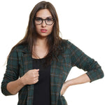 Woman wearing Tod's Black Women Glasses Frame with a stylish green plaid blazer, highlighting full-rim metal and plastic trapezium design frames.