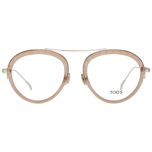 Tod's Brown Women Glasses Frame in metal & plastic, gold color, full-rim, oval style, demo lenses, includes branded case.