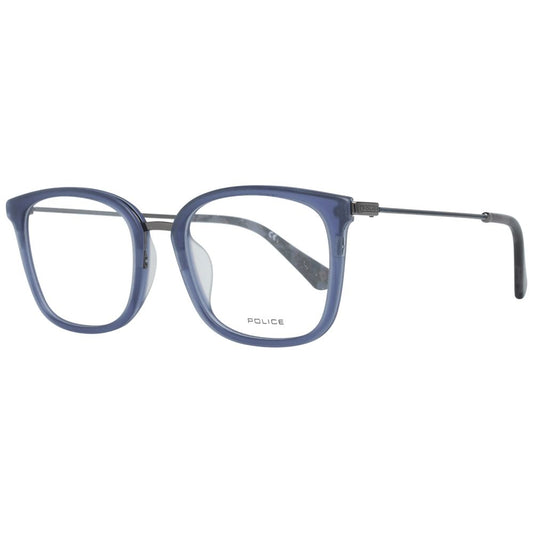 Police Blue Men Glasses Frame with trapezium shape, blue full-rim, metal and plastic material, 51-19-140 size.