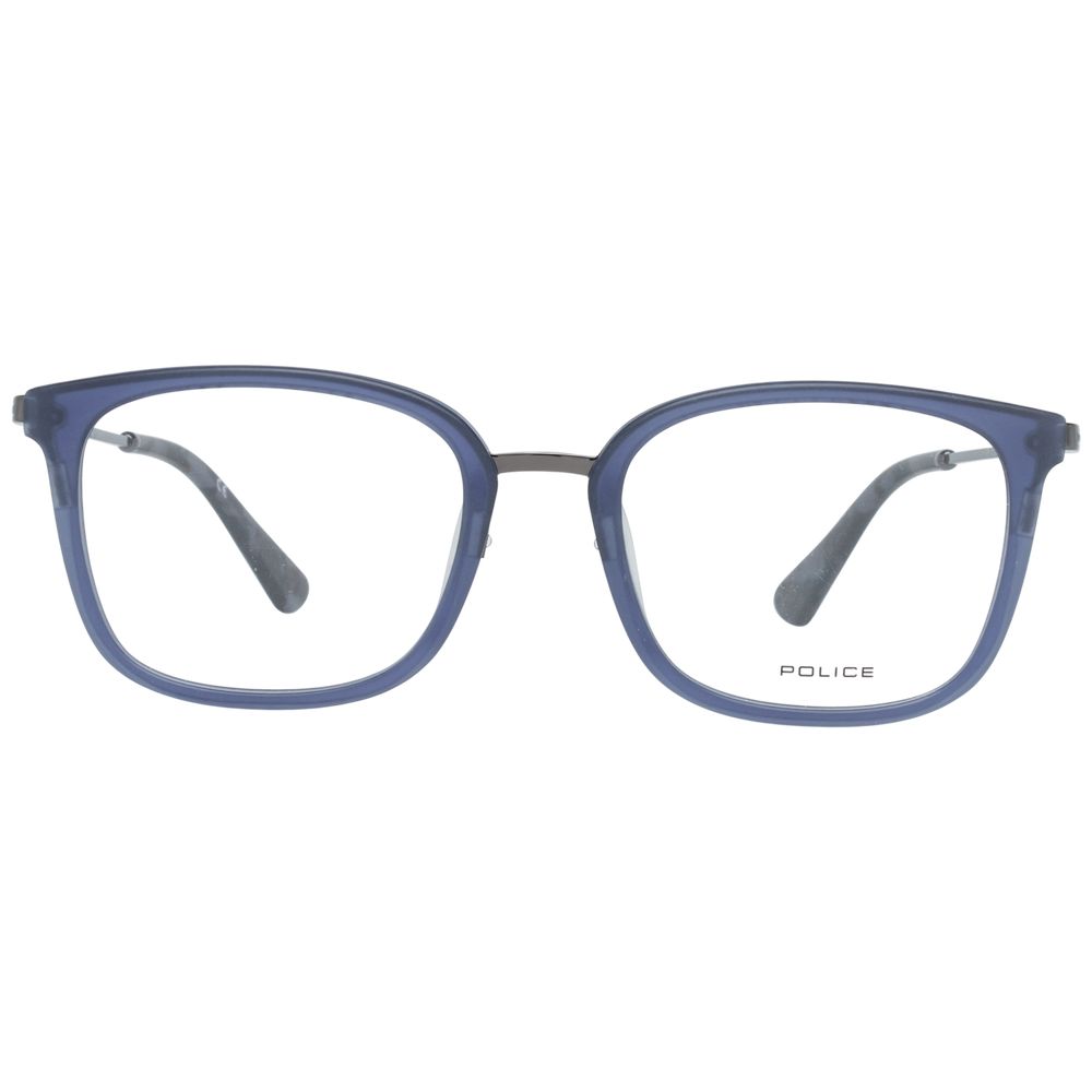 Police Blue Men Glasses Frame with metal and plastic full-rim design, featuring blue color and trapezium style for men.