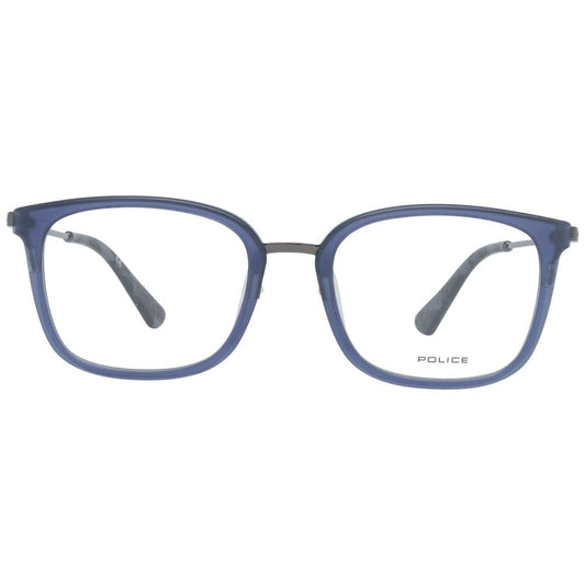 Police Blue Men Glasses Frame with metal and plastic full-rim design, featuring blue color and trapezium style for men.