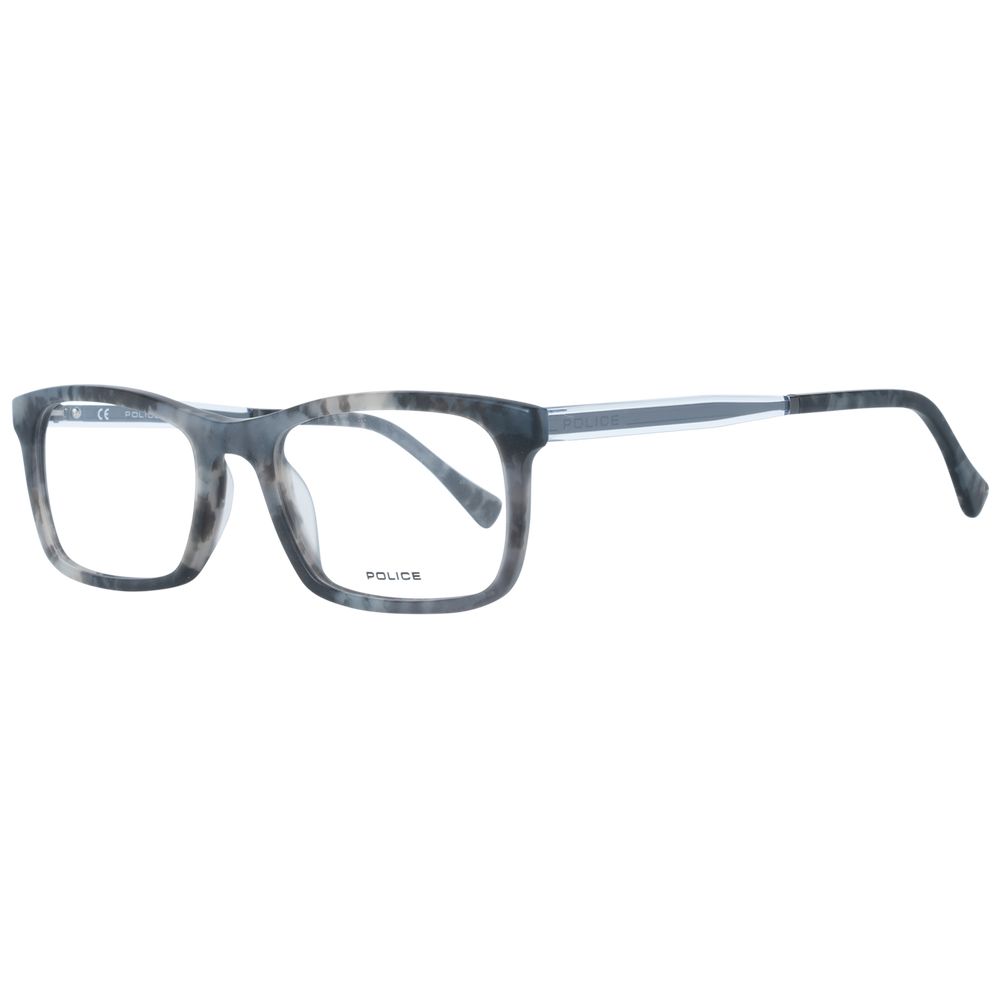 Police Gray Men Glasses Frame, full-rim rectangular design, plastic material, gray color, demo lenses, 52-19-145 dimensions.