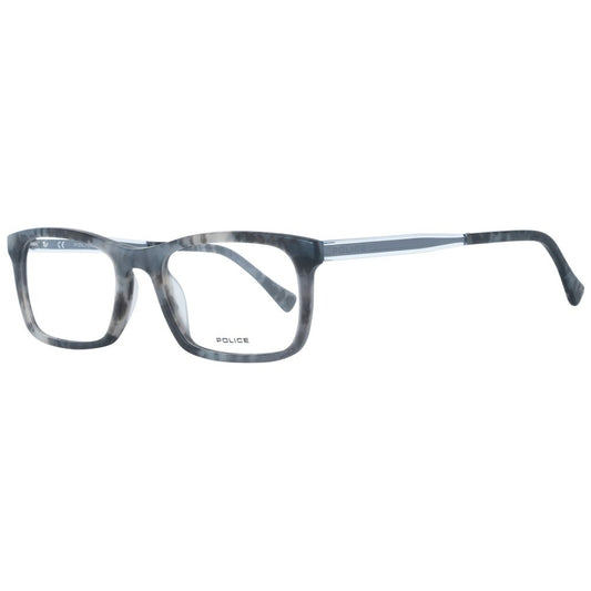 Police Gray Men Glasses Frame, full-rim rectangular design, plastic material, gray color, demo lenses, 52-19-145 dimensions.