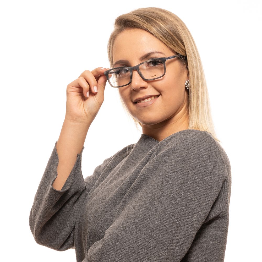 Woman wearing Police Gray Men Glasses Frame with plastic material and grey full-rim rectangle design.