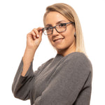 Woman wearing Police Gray Men Glasses Frame with plastic material and grey full-rim rectangle design.