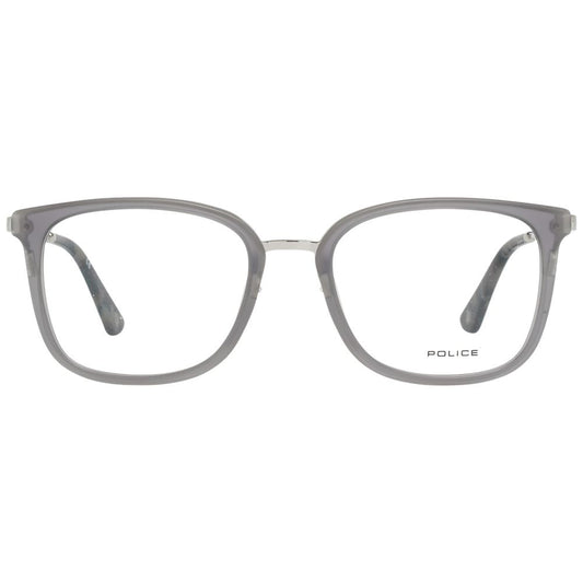 Police Gray Men Glasses Frame with grey full-rim square style, metal and plastic construction, 51-19-140 size, includes branded case.