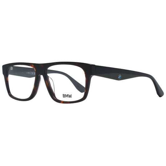 BMW Brown Men Glasses Frame with full-rim brown plastic frame and demo lenses, size 55-14-145, includes branded case.