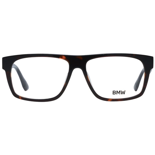 BMW Brown Men Glasses Frame, full-rim rectangular style, plastic brown frame with demo lenses, size 55-14-145, includes branded case.