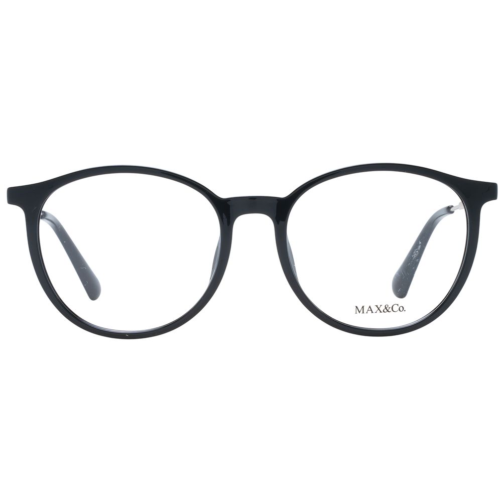 Max & Co Black Women Glasses Frame, full-rim plastic round style, with demo lenses, size 52-17-140 with a 135mm frame width.