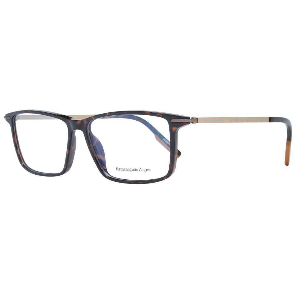 Ermenegildo Zegna Brown Men Glasses Frame, full-rim rectangle shape, plastic material, demo lenses, size 58-14-145, with branded case included.